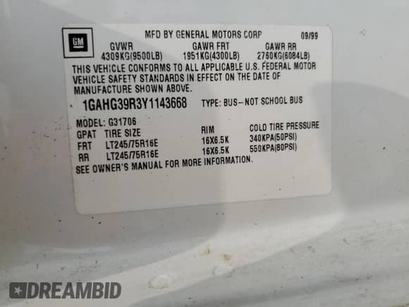 2000 Chevrolet Express z VIN 1GAHG39R3Y1143668, wystawiony jako Copart lot #59350965 z przebiegiem 123 014 mil mil oraz Czysty tytuł • Clean title. Historia ofert i sprzedaży dostępna na DreamBid. Obrazek 13.