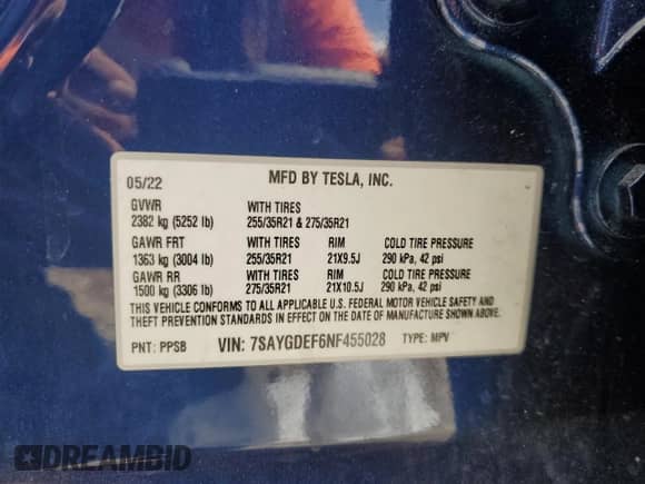 2022 Tesla Model Y Performance with VIN 7SAYGDEF6NF455028, listed as a Copart auction lot 61740254 with 26,869 mi miles and Salvage title. Bid and sale history available at DreamBid. Image 13.