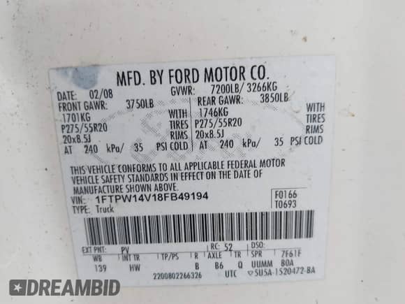 2008 Ford F-150 XLT с VIN 1FTPW14V18FB49194, выставлен на аукционе IAAI как лот 43344224 с пробегом 199 009 миль миль и . История ставок и продаж доступна на DreamBid. Изображение 9.