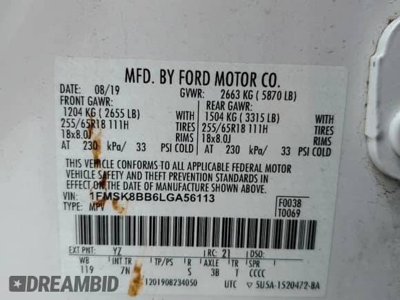 2020 Ford Explorer z VIN 1FMSK8BB6LGA56113, wystawiony jako Copart lot #55289465 z przebiegiem 68 031 mil mil oraz Szkoda całkowita • Salvage title. Historia ofert i sprzedaży dostępna na DreamBid. Obrazek 13.