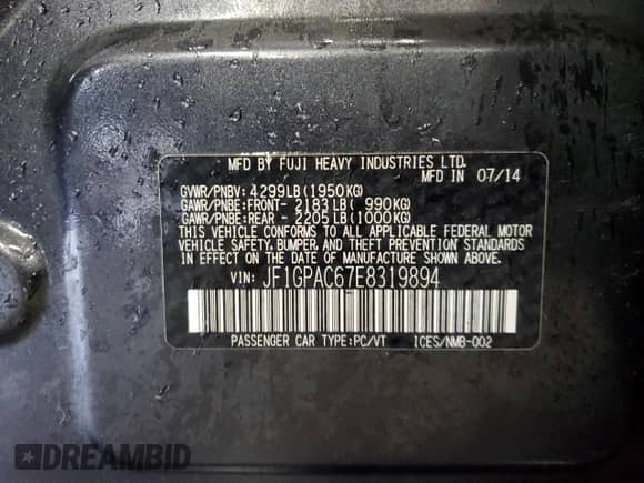 2014 Subaru Impreza Premium with VIN JF1GPAC67E8319894, listed as a Copart auction lot 86804674 with 175,107 mi miles and Salvage title. Bid and sale history available at DreamBid. Image 12.