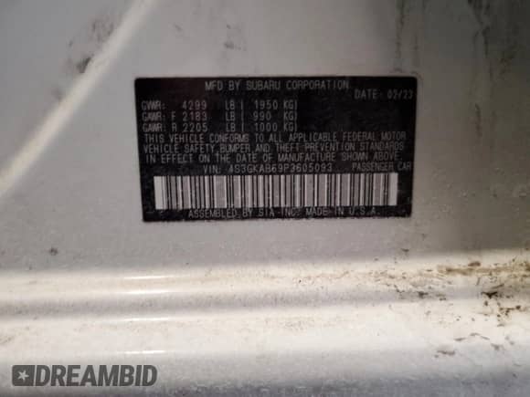 2023 Subaru Impreza with VIN 4S3GKAB69P3605093, listed as a Copart auction lot 44888315 with 42,052 mi miles and Salvage title. Bid and sale history available at DreamBid. Image 14.