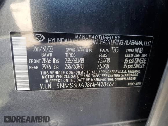 2022 Hyundai Santa Fe SEL с VIN 5NMS3DAJ8NH428467, выставлен на аукционе Copart как лот 67254815 с пробегом 56 112 миль миль и Списание • Salvage title. История ставок и продаж доступна на DreamBid. Изображение 12.