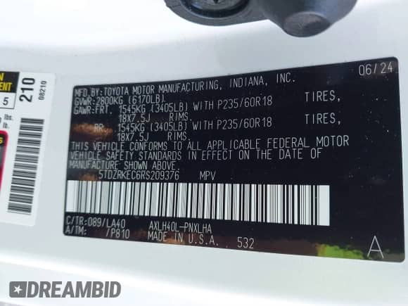 2024 Toyota Sienna Limited z VIN 5TDZRKEC6RS209376, wystawiony jako IAAI lot #41901916 z przebiegiem 20 452 mil mil oraz . Historia ofert i sprzedaży dostępna na DreamBid. Obrazek 9.