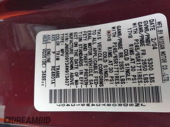 2004 Nissan Pathfinder SE z VIN JN8DR09Y34W913407, wystawiony jako IAAI lot #42358218 z przebiegiem 101 086 mil mil oraz . Historia ofert i sprzedaży dostępna na DreamBid. Obrazek 9.