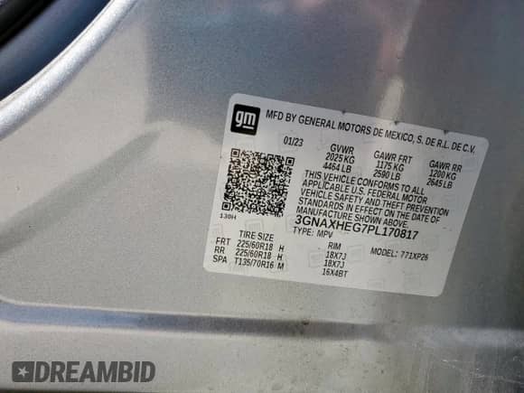 2023 Chevrolet Equinox LS with VIN 3GNAXHEG7PL170817, listed as a Copart auction lot 71173505 with 62,725 mi miles and Salvage title. Bid and sale history available at DreamBid. Image 14.