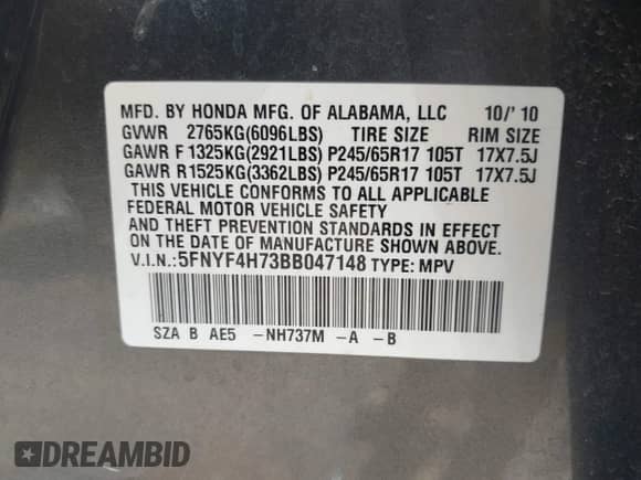 2011 Honda Pilot EX-L с VIN 5FNYF4H73BB047148, выставлен на аукционе IAAI как лот 42984800 с пробегом 155 884 миль миль и . История ставок и продаж доступна на DreamBid. Изображение 9.