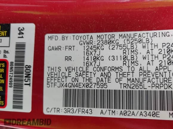 2014 Toyota Tacoma PreRunner z VIN 5TFJX4GN4EX027595, wystawiony jako IAAI lot #41952323 z przebiegiem 112 991 mil mil oraz . Historia ofert i sprzedaży dostępna na DreamBid. Obrazek 9.