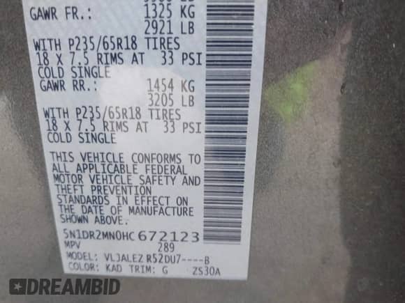 2017 Nissan Pathfinder Platinum z VIN 5N1DR2MN0HC672123, wystawiony jako IAAI lot #42747557 z przebiegiem 136 728 mil mil oraz . Historia ofert i sprzedaży dostępna na DreamBid. Obrazek 9.