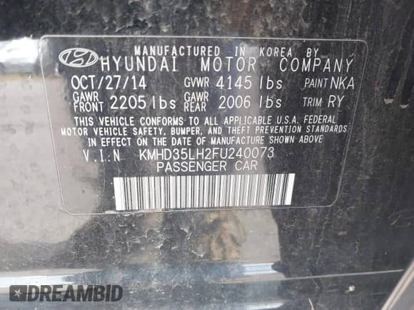 2015 Hyundai Elantra with VIN KMHD35LH2FU240073, listed as a IAAI auction lot 43161027 with 65,636 mi miles and . Bid and sale history available at DreamBid. Image 9.