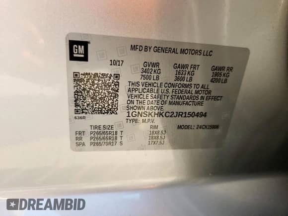 2018 Chevrolet Suburban LT with VIN 1GNSKHKC2JR150494, listed as a Copart auction lot 86105505 with 64,659 mi miles and Salvage title. Bid and sale history available at DreamBid. Image 13.