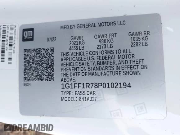 2023 Chevrolet Camaro 1SS with VIN 1G1FF1R78P0102194, listed as a IAAI auction lot 43182445 with Not provided miles and . Bid and sale history available at DreamBid. Image 9.
