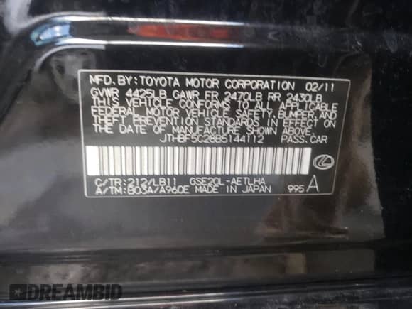 2011 Lexus IS 250 с VIN JTHBF5C28B5144112, выставлен на аукционе Copart как лот 84481395 с пробегом 145 879 миль миль и Списание • Salvage title. История ставок и продаж доступна на DreamBid. Изображение 13.