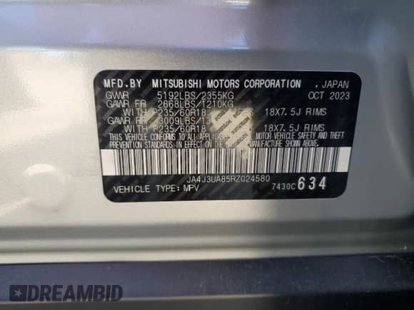 2024 Mitsubishi Outlander ES with VIN JA4J3UA85RZ024580, listed as a Copart auction lot 72012785 with 12,832 mi miles and Salvage title. Bid and sale history available at DreamBid. Image 14.
