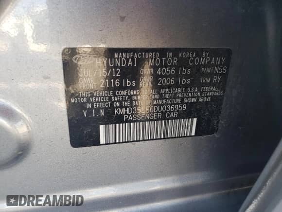 2013 Hyundai Elantra z VIN KMHD35LE6DU036959, wystawiony jako Copart lot #86460415 z przebiegiem 103 382 mil mil oraz Szkoda całkowita • Salvage title. Historia ofert i sprzedaży dostępna na DreamBid. Obrazek 13.