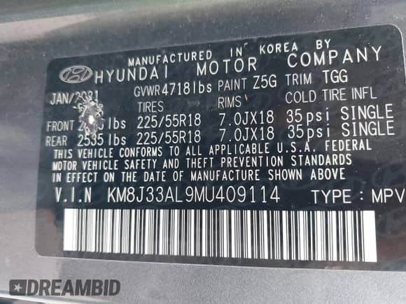 2021 Hyundai Tucson Ultimate with VIN KM8J33AL9MU409114, listed as a IAAI auction lot 42099041 with Not provided miles and . Bid and sale history available at DreamBid. Image 9.