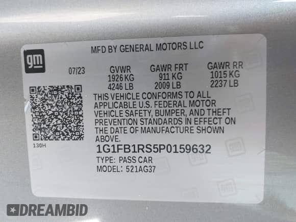 2023 Chevrolet Camaro 1LT with VIN 1G1FB1RS5P0159632, listed as a IAAI auction lot 43179216 with Not provided miles and . Bid and sale history available at DreamBid. Image 9.