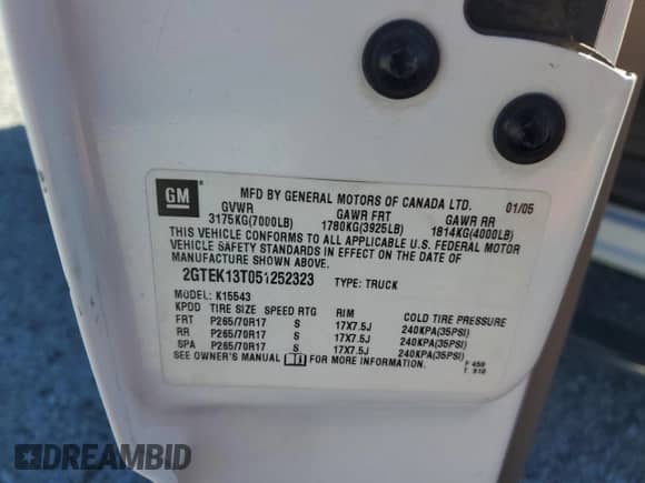 2005 GMC Sierra 1500 SLE z VIN 2GTEK13T051252323, wystawiony jako Copart lot #82368295 z przebiegiem 313 312 mil mil oraz Szkoda całkowita • Salvage title. Historia ofert i sprzedaży dostępna na DreamBid. Obrazek 12.