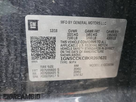 2019 Chevrolet Tahoe Premier с VIN 1GNSCCKC8KR260631, выставлен на аукционе Copart как лот 72052205 с пробегом 98 975 миль миль и Списание • Salvage title. История ставок и продаж доступна на DreamBid. Изображение 14.