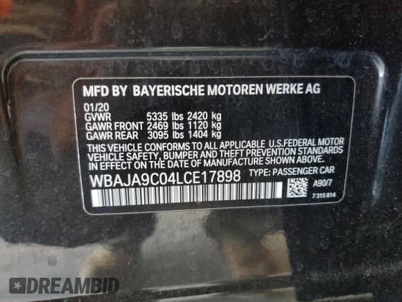 2020 BMW 5 Series 530e with VIN WBAJA9C04LCE17898, listed as a Copart auction lot 66475115 with 12,780 mi miles and Salvage title. Bid and sale history available at DreamBid. Image 12.