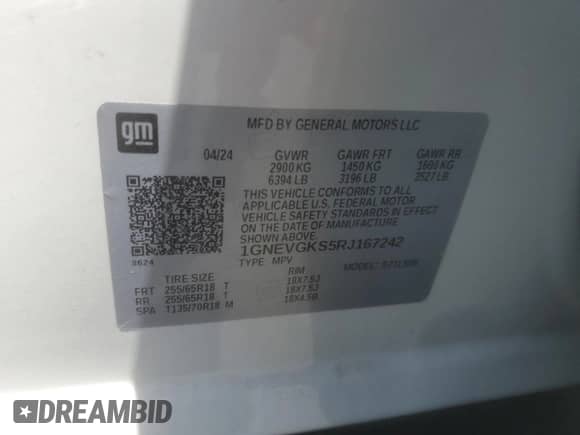 2024 Chevrolet Traverse AWD LT with VIN 1GNEVGKS5RJ167242, listed as a Copart auction lot 61591005 with 31,509 mi miles and Clean title. Bid and sale history available at DreamBid. Image 13.