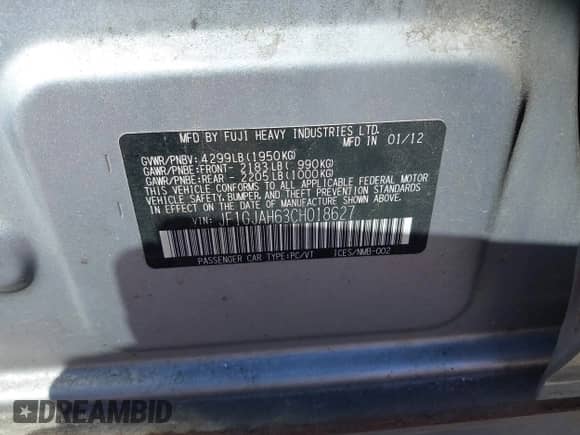 2012 Subaru Impreza Limited with VIN JF1GJAH63CH018627, listed as a IAAI auction lot 42668150 with 143,648 mi miles and . Bid and sale history available at DreamBid. Image 9.