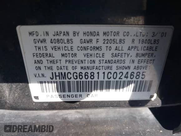 2001 Honda Accord EX с VIN JHMCG66811C024685, выставлен на аукционе IAAI как лот 42481105 с пробегом 162 249 миль миль и . История ставок и продаж доступна на DreamBid. Изображение 9.