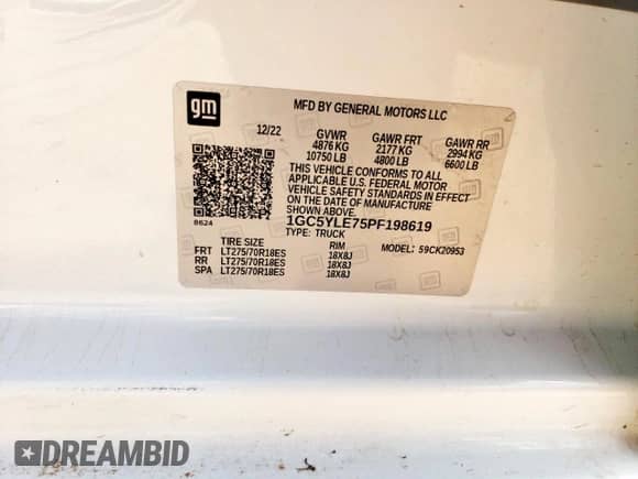 2023 Chevrolet Silverado 2500HD Work Truck with VIN 1GC5YLE75PF198619, listed as a Copart auction lot 65247755 with Not provided miles and Salvage title. Bid and sale history available at DreamBid. Image 12.