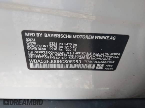 2024 BMW 5 Series 530i xDrive with VIN WBA53FJ00RCS08953, listed as a IAAI auction lot 42799755 with 32,104 mi miles and . Bid and sale history available at DreamBid. Image 9.