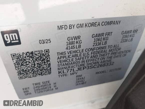 2025 Chevrolet Trax 2RS with VIN KL77LJEP3SC268332, listed as a IAAI auction lot 43304102 with 6,486 mi miles and . Bid and sale history available at DreamBid. Image 9.