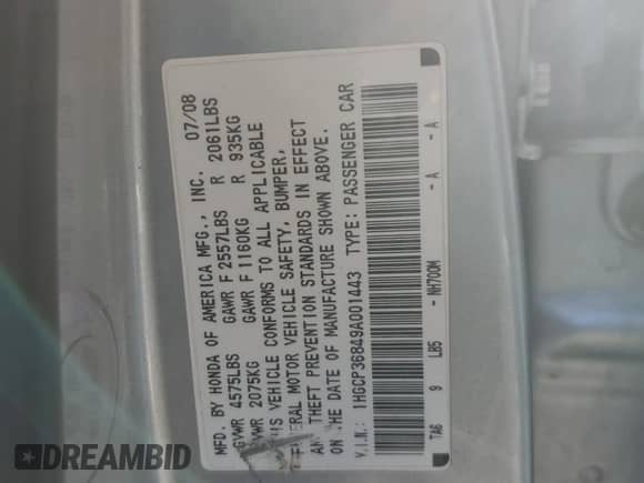 2009 Honda Accord EX-L z VIN 1HGCP36849A001443, wystawiony jako Copart lot #82493875 z przebiegiem Nie podano mil oraz Szkoda całkowita • Salvage title. Historia ofert i sprzedaży dostępna na DreamBid. Obrazek 12.