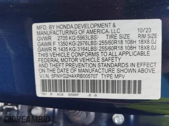 2024 Honda Pilot EX-L с VIN 5FNYG2H4XRB005707, выставлен на аукционе IAAI как лот 42149993 с пробегом 37 242 миль миль и . История ставок и продаж доступна на DreamBid. Изображение 9.