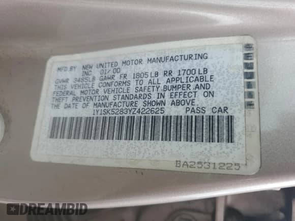 2000 Chevrolet Prizm с VIN 1Y1SK5283YZ422625, выставлен на аукционе Copart как лот 82153385 с пробегом 154 583 миль миль и Списание • Salvage title. История ставок и продаж доступна на DreamBid. Изображение 12.