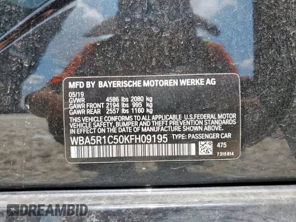 2019 BMW 3 Series 330i with VIN WBA5R1C50KFH09195, listed as a Copart auction lot 68392895 with 54,151 mi miles and Salvage title. Bid and sale history available at DreamBid. Image 13.