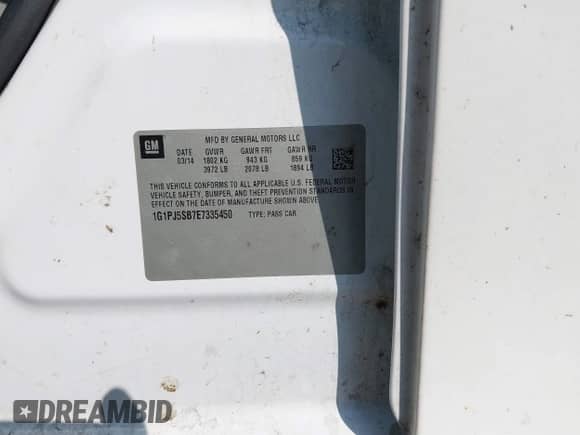 2014 Chevrolet Cruze ECO с VIN 1G1PJ5SB7E7335450, выставлен на аукционе IAAI как лот 42422729 с пробегом 145 747 миль миль и . История ставок и продаж доступна на DreamBid. Изображение 9.