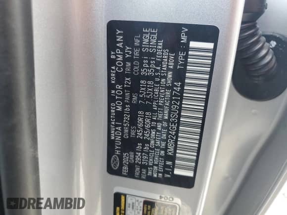 2025 Hyundai Palisade SEL with VIN KM8R24GE3SU921744, listed as a Copart auction lot 55021365 with 395 mi miles and Salvage title. Bid and sale history available at DreamBid. Image 13.