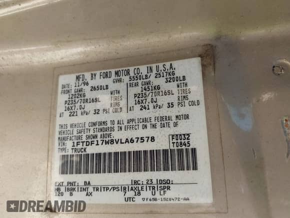 1997 Ford F-150 с VIN 1FTDF17W8VLA67578, выставлен на аукционе IAAI как лот 42576980 с пробегом 86 526 миль миль и . История ставок и продаж доступна на DreamBid. Изображение 9.