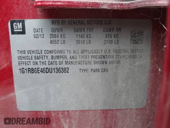 2013 Chevrolet Volt с VIN 1G1RB6E46DU136382, выставлен на аукционе IAAI как лот 43031261 с пробегом 158 455 миль миль и . История ставок и продаж доступна на DreamBid. Изображение 9.