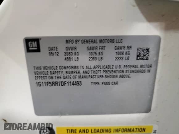 2013 Chevrolet Malibu Eco with VIN 1G11F5RR7DF114493, listed as a Copart auction lot 68481285 with 88,412 mi miles and Salvage title. Bid and sale history available at DreamBid. Image 12.