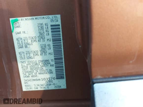 2017 Nissan Murano S with VIN 5N1AZ2MH6HN103570, listed as a IAAI auction lot 41534592 with 104,057 mi miles and . Bid and sale history available at DreamBid. Image 9.