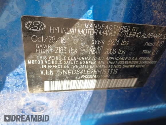 2017 Hyundai Elantra SE with VIN 5NPD84LF9HH153315, listed as a IAAI auction lot 43245925 with 94,586 mi miles and . Bid and sale history available at DreamBid. Image 9.