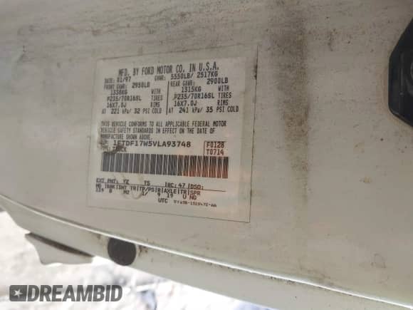 1997 Ford F-150 с VIN 1FTDF17W5VLA93748, выставлен на аукционе IAAI как лот 41342357 с пробегом 191 234 миль миль и . История ставок и продаж доступна на DreamBid. Изображение 9.