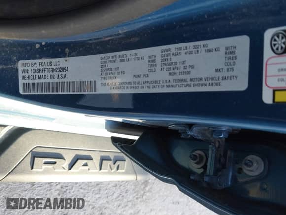 2024 Ram 1500 Big Horn z VIN 1C6SRFFT6RN232094, wystawiony jako IAAI lot #40893906 z przebiegiem 16 501 mil mil oraz . Historia ofert i sprzedaży dostępna na DreamBid. Obrazek 9.