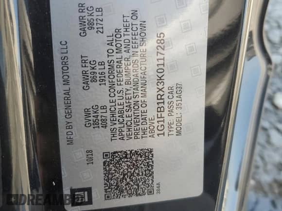 2019 Chevrolet Camaro 1LT z VIN 1G1FB1RX3K0117285, wystawiony jako Copart lot #81188665 z przebiegiem 145 465 mil mil oraz Szkoda całkowita • Salvage title. Historia ofert i sprzedaży dostępna na DreamBid. Obrazek 13.