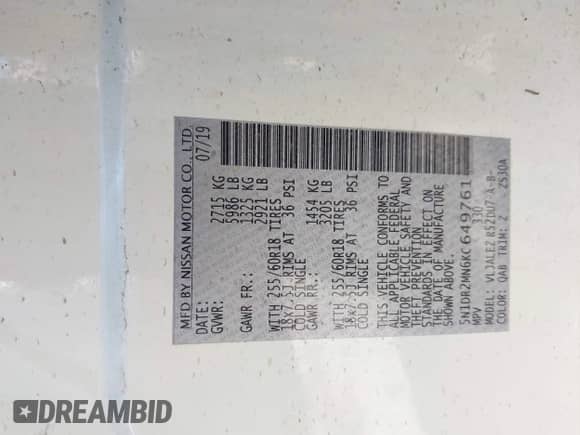 2019 Nissan Pathfinder SV с VIN 5N1DR2MN6KC649761, выставлен на аукционе IAAI как лот 42212915 с пробегом 85 909 миль миль и . История ставок и продаж доступна на DreamBid. Изображение 9.