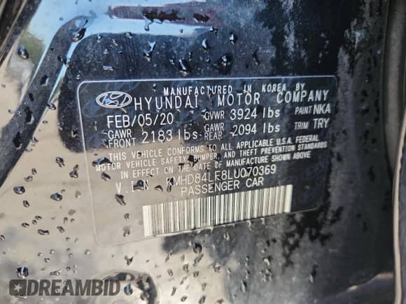 2020 Hyundai Elantra Value Edition with VIN KMHD84LF8LU070369, listed as a Copart auction lot 69657685 with Not provided miles and Salvage title. Bid and sale history available at DreamBid. Image 12.