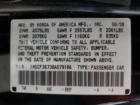 2008 Honda Accord EX с VIN 1HGCP36738A079184, выставлен на аукционе Copart как лот 86468955 с пробегом 179 098 миль миль и Списание • Salvage title. История ставок и продаж доступна на DreamBid. Изображение 13.