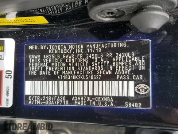 2019 Toyota Camry Hybrid LE с VIN 4T1B31HK2KU510627, выставлен на аукционе Copart как лот 63571895 с пробегом 114 603 миль миль и Списание • Salvage title. История ставок и продаж доступна на DreamBid. Изображение 12.