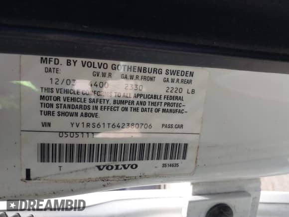 2004 Volvo S60 с VIN YV1RS61T642380706, выставлен на аукционе IAAI как лот 41945632 с пробегом Не указан миль и . История ставок и продаж доступна на DreamBid. Изображение 9.
