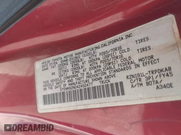 2004 Toyota Tacoma PreRunner z VIN 5TENM92N04Z452477, wystawiony jako IAAI lot #41343202 z przebiegiem 216 026 mil mil oraz . Historia ofert i sprzedaży dostępna na DreamBid. Obrazek 9.